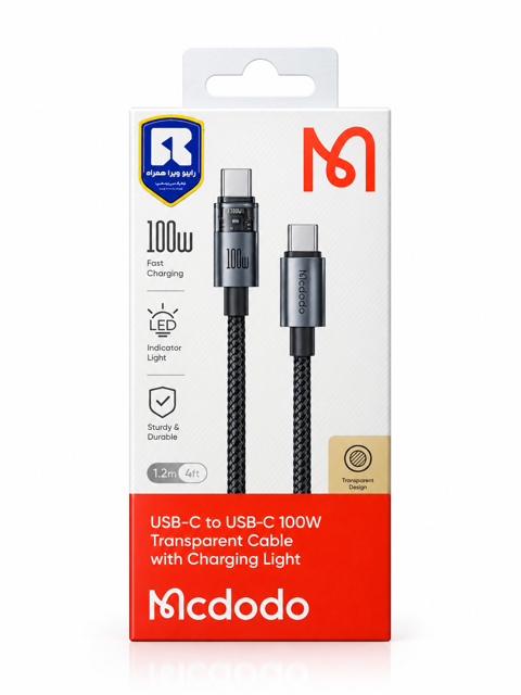 کابل شارژ مک دودو Mcdodo USB-C به USB-C مدل 100W با چراغ LED